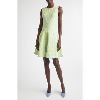 Oscar De La Renta Gingham Check Jacquard Fit & Flare Sweater Dress in Cerulean/Pear at Nordstrom, Size Small