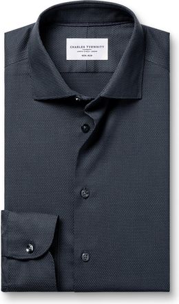 CHARLES TYRWHITT Non-Iron Stretch Texture Cotton Shirt - Charcoal Grey Single Cuff Size 15.5/33 by Charles Tyrwhitt