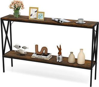 Costway Industrial Console Table 2-Tier Narrow Sofa Table Behind Couch-Coffee