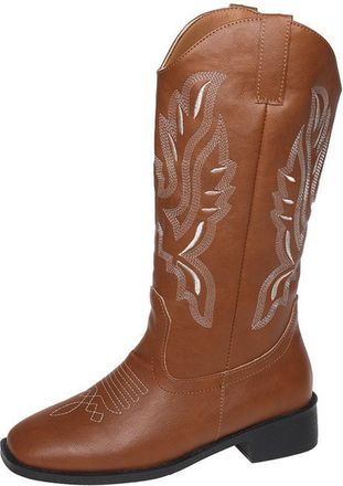 Generic Wide Fit Cowboy Ankle Boots for Women Embroidered Pointed Toe Chunky Retro Slip On Mid-Heels Western Cowgirls Boots Retro Leather Western Cowboy Knee 
