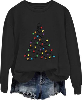 Generic Christmas Jumper for Women, Tree Graphic Print Xmas Sweatshirt Soft Crewneck Long Sleeve Funny Christmas Tops for Women Black