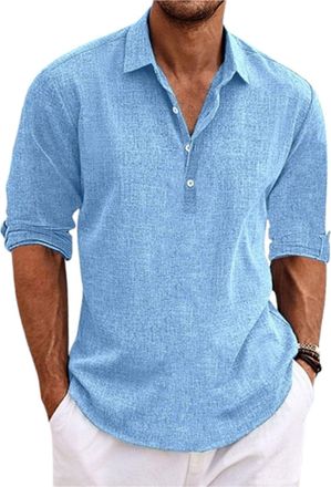 Generic Marco Luca Classic Shirt, Mens Linen Long Sleeve Button-Up Lapel Shirts Casual (Blue,M)