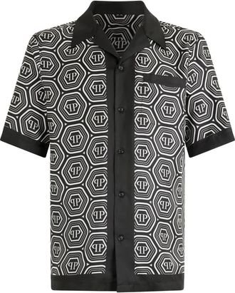 Philipp Plein Silk Bowling Shirt Monogram 70s - Heren - Korte mouwen Overhemden - Zwart - L - Overhemden