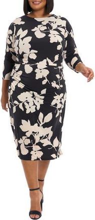 London Times Floral Three-Quarter Sleeve Midi Sheath Dress in Black/Cream at Nordstrom Rack, Size 18W