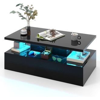 Costway Tavolino da Caff&egrave; a led a 2 Livelli con Colori della Luce Regolabili Velocit&agrave; e Luminosit&agrave; e Telecomando, Tavolo da Salotto Rettangolare e Moderno