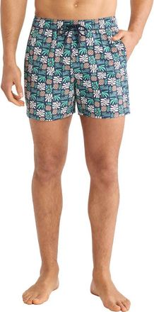 Fair Harbor Bungalow Pineapple Print Water Repellent Swim Trunks in Navy Palm Tiles at Nordstrom, Size Xx-Large