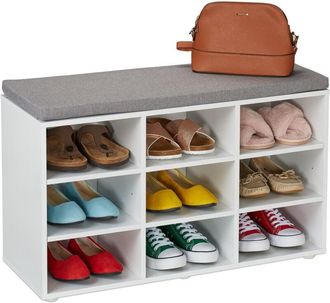 Relaxdays Panca Porta Scarpe da Ingresso con 9 Scomparti Portascarpe e Cuscino Imbottito, 48x78,5x30 cm, Bianco Grigio - Relaxdays