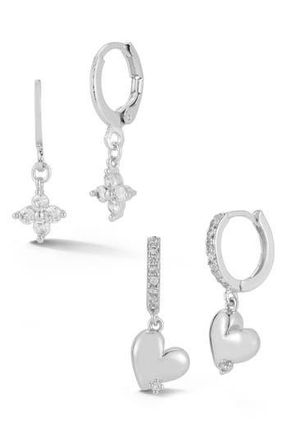 Glaze Jewelry Set of 2 Cubic Zirconia Clover & Heart Drop Huggie Hoop Earrings in Silver at Nordstrom Rack