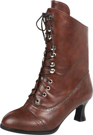 Generic Women Mid Calf Boots Fashionable Pattern Solid Color Round Toe Comfortable Lace Up Shoes for Everyday Wear (Brown, 8)