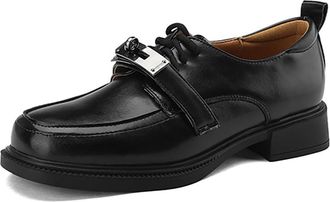Generic Eestfy Womens Chunky Oxford Loafers PU Leather Round Toe Shallow Top Lace-Up Shoes Metal Buckle Detail British Style Comfort Flats for Office & Daily 