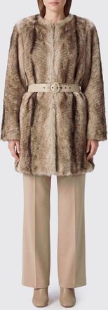 Twinset Cappotto girocollo in pelliccia sintetica con motivo astratto e cintura