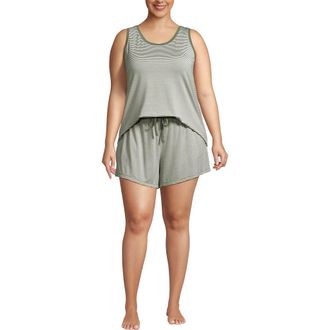 Lands End Cooling 3 Piece Pajama Set - Robe Tank and Shorts in Sage Mini Stripe at Nordstrom, Size 2X