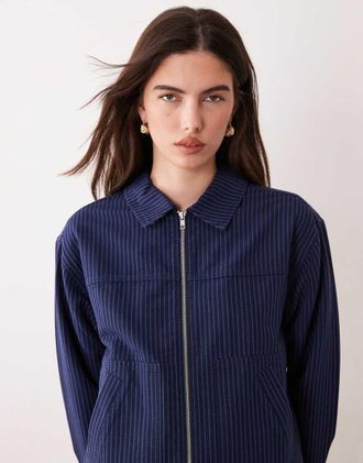 Asos Giacca blu navy a righe con chiusura con zip e colletto