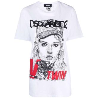 Dsquared2 Womens V Twin Graphic White T-shirt Cotton - Size Large