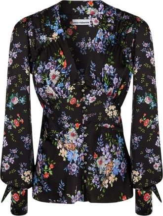Paco Rabanne Bloemenprint zijden blouse - Dames - Blouses - Zwart - 2XS - Overhemden