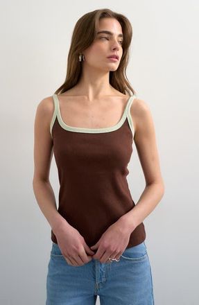 Topshop Scoop Neck Contrast Strap Stretch Cotton Rib Tank in Brown at Nordstrom, Size X-Small