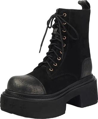 Generic Womens Platform Ankle Boots Round Toe High Block Heel With Side Zipper And Front Lace Up Combat Style Booties