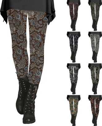 Generic High Waisted Leggings for Women Boho Retro Print Yoga Leggings Elasticated Waist Opaque Tummy Control Legging Buttery Soft Workout Gym Yoga Stretchy P