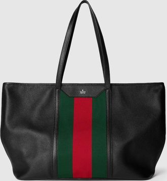 Gucci Web Trademark Large Tote Bag, Black, Leather