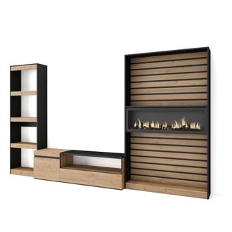 Skraut Home Muebles De Sal&oacute;n Para Tv, Conjunto De Muebles Comedor, 320x186x35cm, Chimenea El&eacute;ctrica, Estilo Moderno, Roble Y Negro - Skraut Home
