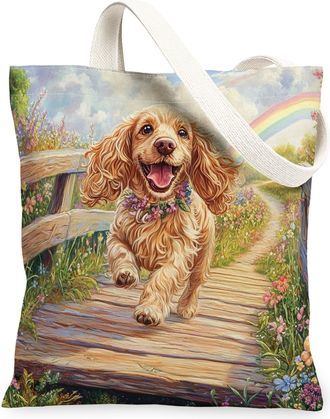 Generic Spring American Cocker Spaniel Dog Canvas Tote Bag for Shopping 13x15, Country Garden Puppy Reusable Grocery Print Pattern Bag for Women, Fun Flower P