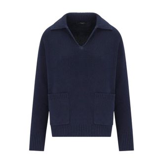 Max Mara Saloon Polo Sweater - Dames - V-hals truien - Blauw - XS - Katoen - Truien & Vesten