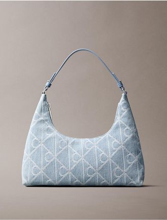 Calvin Klein Womens Allover Emblem Logo Denim Shoulder Bag - Blue