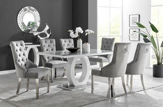Furniturebox Giovani 6-Seater Grey Glass Dining Table & 6 Belgravia Velvet Dining Chairs