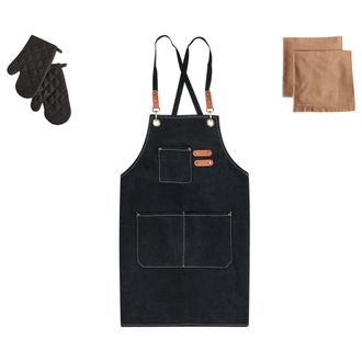 Beliani Beliani - Conjunto De Textiles De Cocina Delantal Guantes De Horno Pa&ntilde;os Negro Raphanus