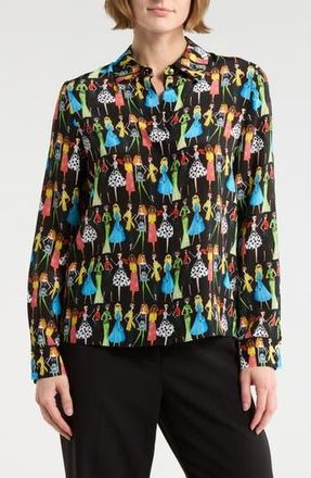 Alice & Olivia Willa Staceface Silk Button-Up Shirt in Club Stace Black at Nordstrom Rack, Size X-Small