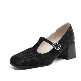 Generic Womens Mary Janes Square Toe Adjustable Buckle Strap Leopard Print Textured Upper Low Heel Cushioned Insole Durable Stylish Shoes,Black,5.5 UK