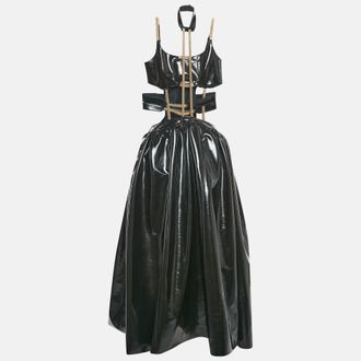 Christopher Kane Black Faux Leather Cut-Out Strap Detail Maxi Dress