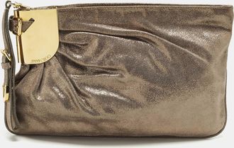 Jimmy Choo London Pleated Metallic Textured Suede Wristlet Pouch
