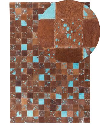 Beliani Tappeto Patchwork In Pelle Marrone E Blu - 140 X 200 Cm - Aliaga