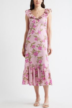 Chelsea28 Ruffle Sleeve Tiered Midi Dress in Pink Poppy Play at Nordstrom, Size Xx-Small