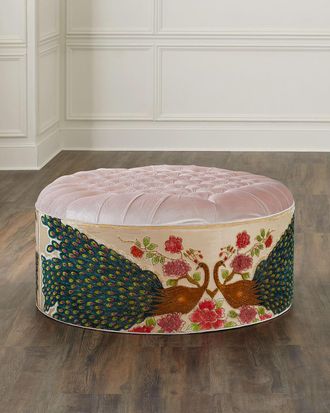 Haute House Home Round Blush Peacock Ottoman