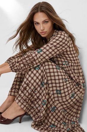 Trendyol Modest Dames Bruin Geruit Maxi Lang A-lijn Modest Jurken