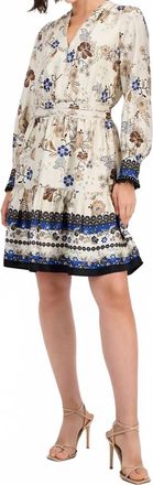 Anne Klein Printed Long-Sleeve Fit & Flare Dress In Cream/blue/black