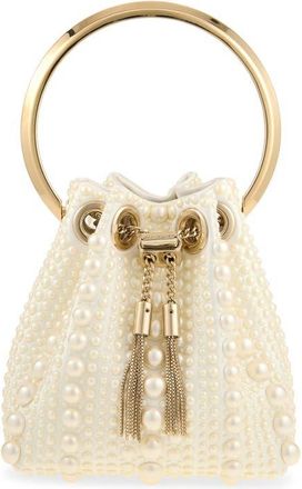 Jimmy Choo London Micro Bon Bon Faux Pearl Embellished Satin Top Handle Pouch in Ivory at Nordstrom