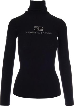 Elisabetta Franchi Ribbed Knit Long-Sleeve Top with Intarsia Logo