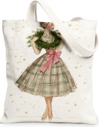 Generic Vintage Elegant Canvas Tote Bags, Holiday Dress Illustration Reusable Grocery Bags, Festive Lightweight Washable Shoulder S, White, 13x15 Inch