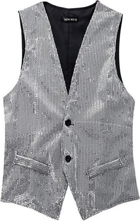 Generic Mens Sequin Shiny Waistcoat Sparkly Casual Suit Vest Festival Disco Party Prom V-neck Button Solid Color Party Dress Suit Prom Party Tuxedo Business W