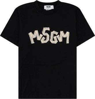Msgm Lace Embroidered Logo Cotton T-Shirt