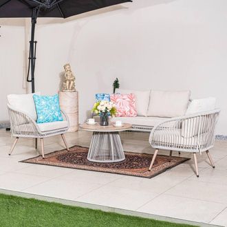 Direct Wicker Outdoor Iron Woven Conversation Sofa Set with Wood Grain Coffee Table in Grey | Size: 4 Person