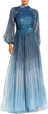 Mac Duggal Sequin Mesh Ombre Bishop Sleeve A-Line Gown in Slate Blue at Nordstrom, Size 10