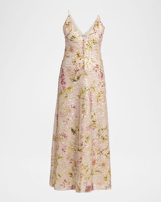 Alberta Ferretti Floral Sequined Sleeveless Evening Dress