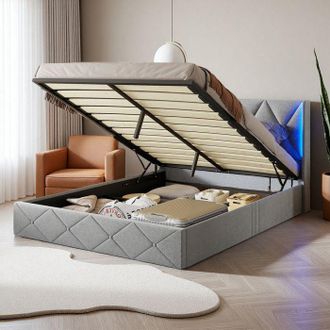 OEM Letto Contenitore 140x200 Cm In Velluto Grigio Con Led, Rete A Doghe E Sistema Idraulico
