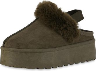 Generic 24890 Womens Faux Fur Lined Mules - Comfortable Platform Slippers with Cozy Fleece Interior - Slip-On Casual Shoes for Indoor and Outdoor Use (Khaki G