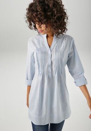 Aniston Longbluse ANISTON CASUAL, Damen, Gr. 36, hellblau, Web, Obermaterial: 100% Baumwolle, unifarben, figurumspielend ca. Mitte Oberschenkel, Rundhals, 1-K
