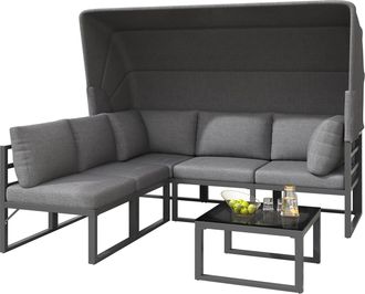 STILVORA Sal&oacute;n De Jard&iacute;n De 5 Plazas En Metal Con Parasol Plegable, Sof&aacute;, 2 Sillones, Mesa Y Cojines, Gris